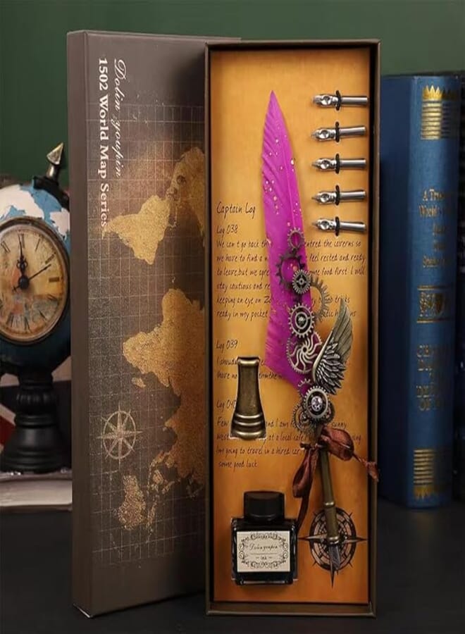 Quill Feather Pen and Ink Set,Calligraphy Set,Calligraphy Kits Include Antique Quill Feather Pen,5Nibs,1 Bottles Inks,Pen Holder for Beginners Birthday Gift